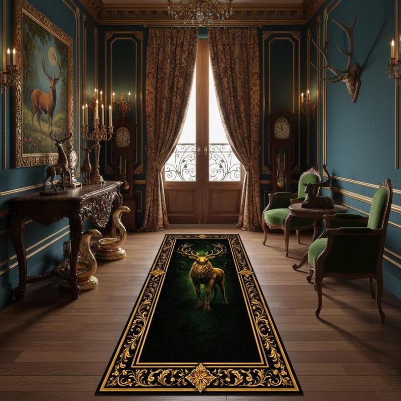 Majestic Stag Deer Runner Rug, Dark Green Gothic Hallway Carpet, Gold ...