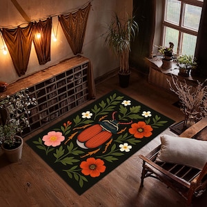 Colorful Beetle and Flower Rug – Black Background Insect Motif Area Carpet with Orange Floral Design, Unique Nature-Inspired Rug