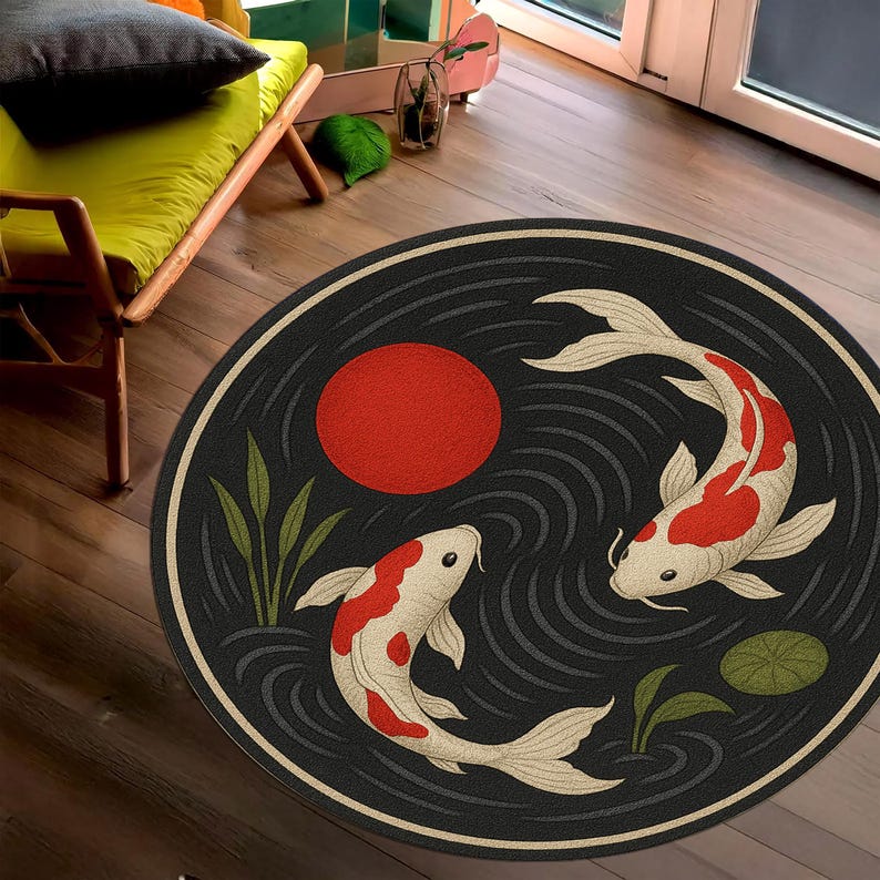 Red Koi Rug Japanese Koi Fish Round Rug: Zen Living Room Decor - Etsy