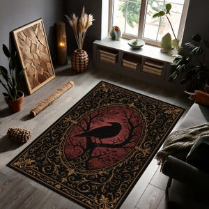 Alfombra gótica de cuervo, alfombra roja y negra de Dark Academia, alfombra gótica victoriana, decoración de witchcore de cuervo y luna, alfombra de estética oculta imagen 5