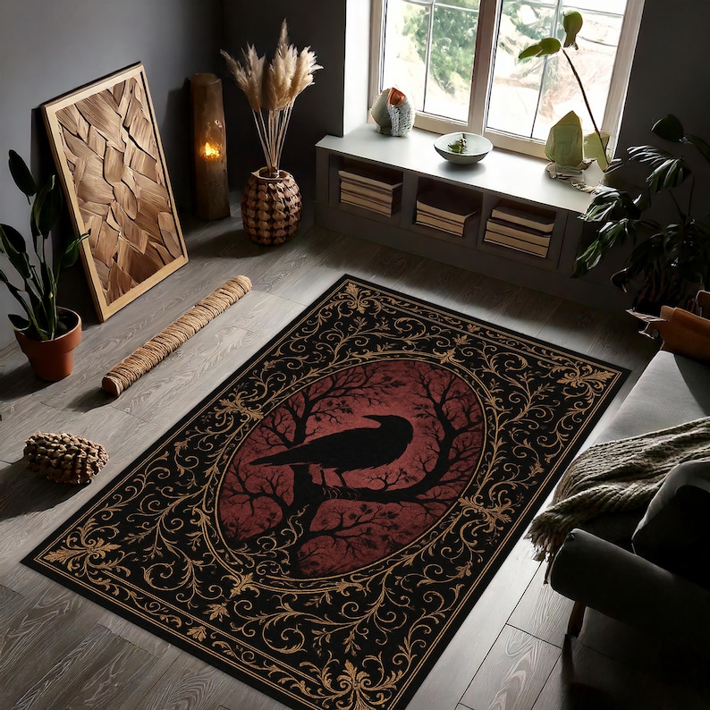 Alfombra gótica de cuervo, alfombra roja y negra de Dark Academia, alfombra gótica victoriana, decoración de witchcore de cuervo y luna, alfombra de estética oculta imagen 5