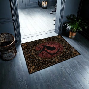 Alfombra gótica de cuervo, alfombra roja y negra de Dark Academia, alfombra gótica victoriana, decoración de witchcore de cuervo y luna, alfombra de estética oculta imagen 6