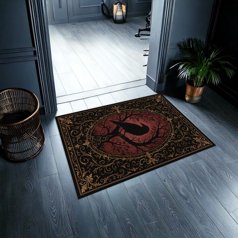 Alfombra gótica de cuervo, alfombra roja y negra de Dark Academia, alfombra gótica victoriana, decoración de witchcore de cuervo y luna, alfombra de estética oculta imagen 6
