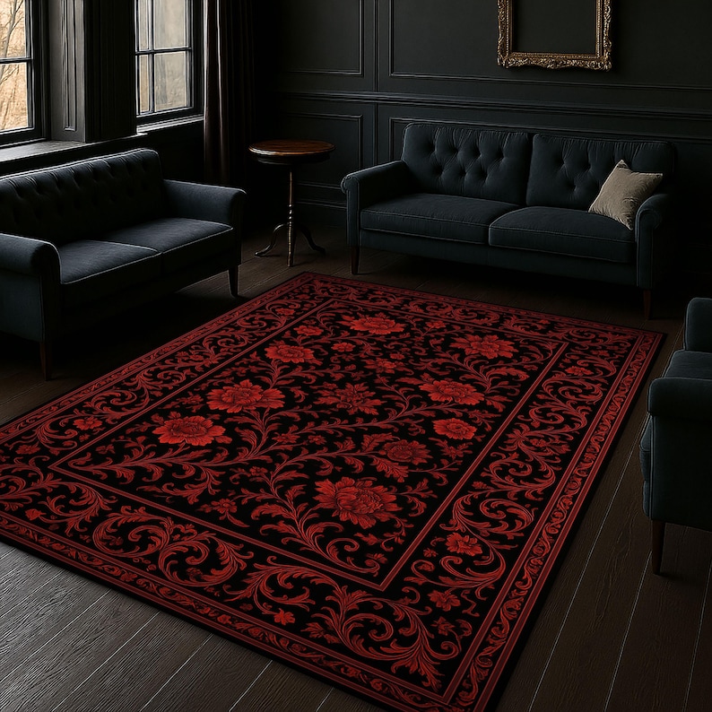 Carpet Rococo Red Crimson Floral Baroque Area Rug, Black Red Rose Carpet, Gothic Romantic ...