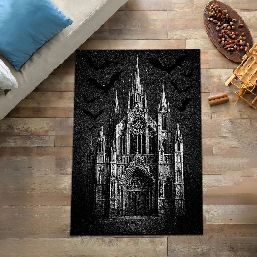 Cathedral Rug Gothic Cathedral Bat Rug, Dark Haunted Church Carpet, Halloween Black ...