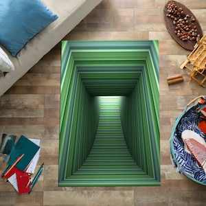 May include: Abstract green and blue striped rug with a 3D effect, creating the illusion of a tunnel or hallway.