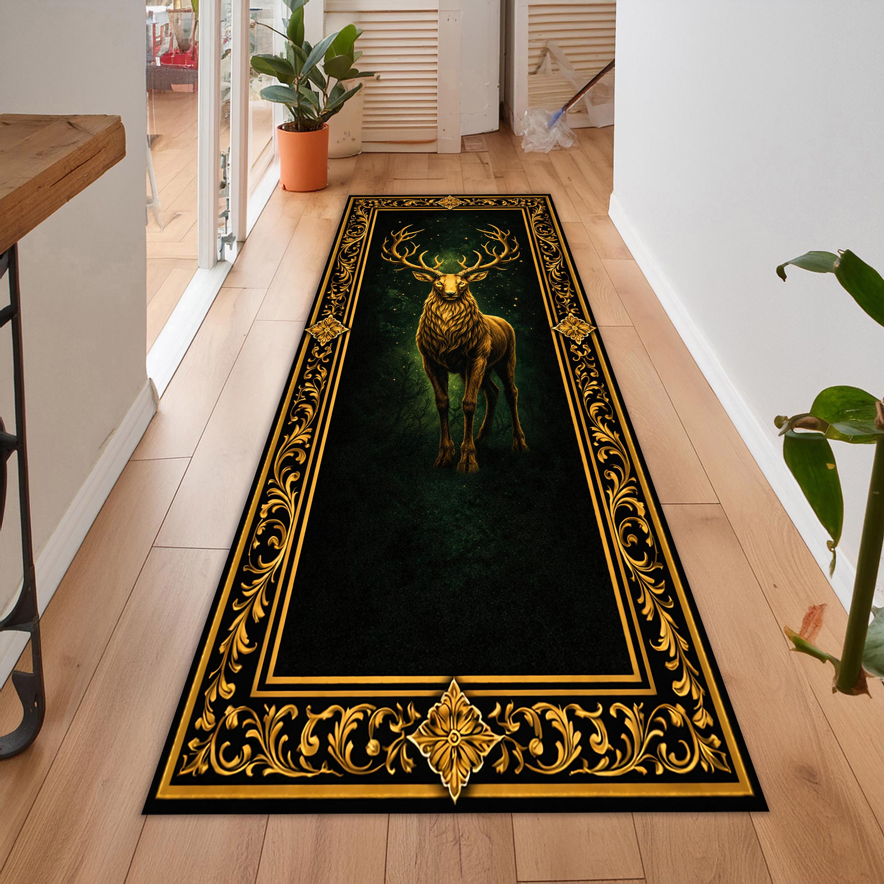 Majestic Stag Deer Runner Rug, Dark Green Gothic Hallway Carpet, Gold ...