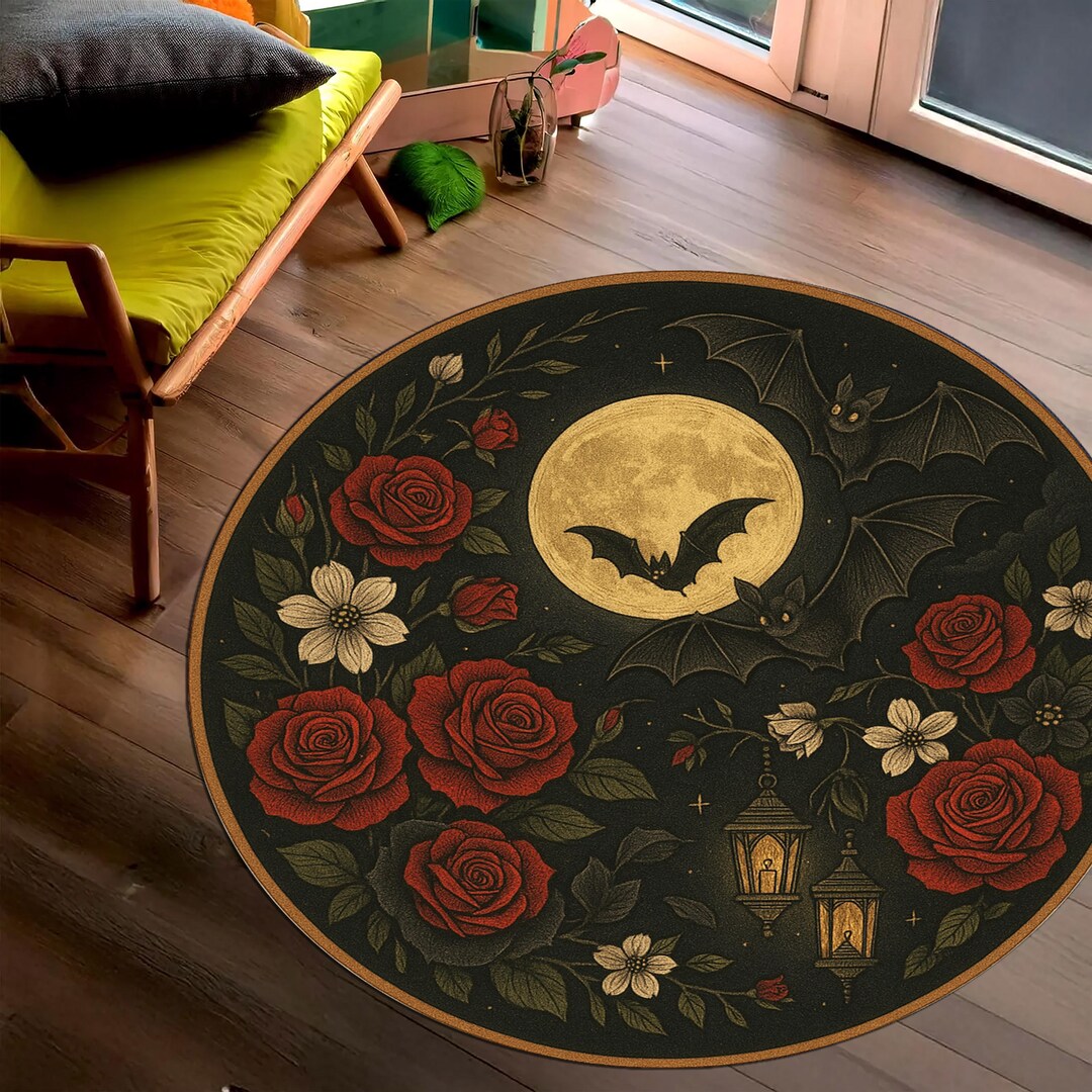 Round Gothic Rug Gothic Bat Round Rug: Full Moon, Roses, Halloween Home Decor - Etsy