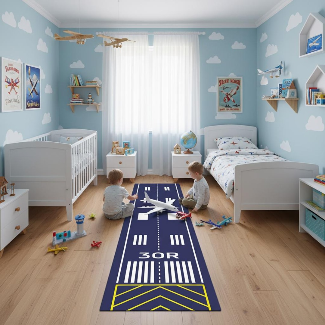 Kids Airplane Runway Rug, Navy Aircraft Play Runner, Yellow Marking ...