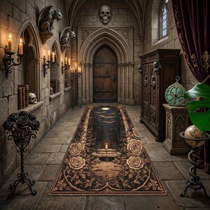 Puede incluir: Interior gótico con paredes de piedra y una larga alfombra. La alfombra presenta un diseño central oscuro con murciélagos y rosas. La habitación está iluminada por velas y apliques, con una calavera sobre la puerta.