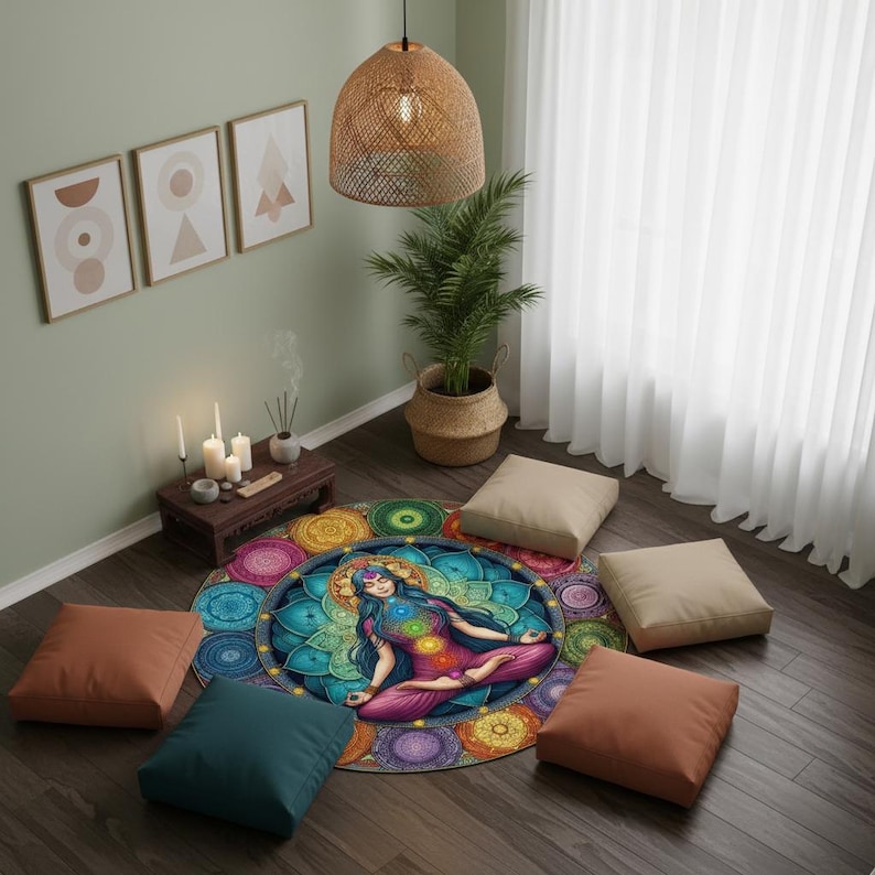 Chakra Energy Rug, Mandala Circle Rug, Meditating Woman Rug, Vibrant ...