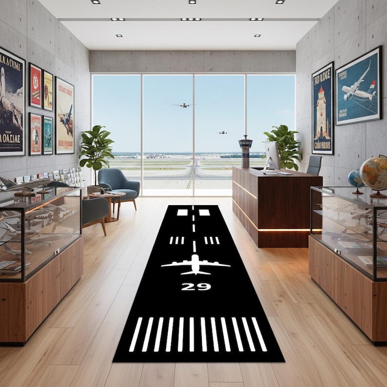 Kids Airplane Runway Rug, Black Aircraft Runway Play Carpet, Long ...
