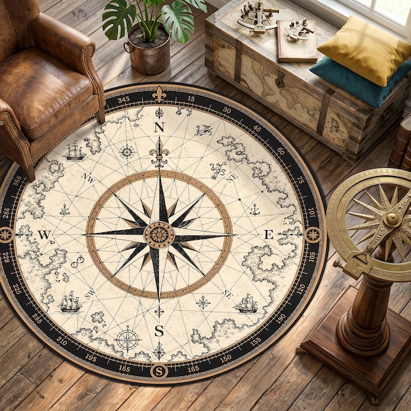 Compass Map Round Rug Nautical Explorer Carpet Vintage Sea Chart Rug