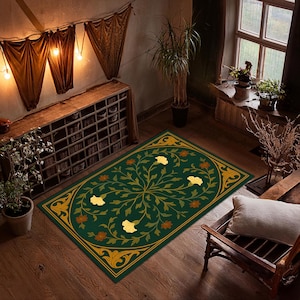 Green Botanical Floral Rug – Boho Style Carpet with Yellow and Brown Flowers, Nature Inspired Area Rug for Cozy Interiors