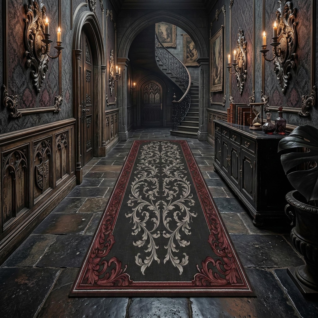 Gothic Baroque Hallway Runner Rug With Vintage Ornamental Scroll ...