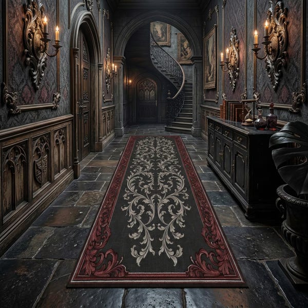 Gothic Baroque Hallway Runner Rug with Vintage Ornamental Scroll Pattern, Dark Victorian Style Carpet with Red Decorative Border