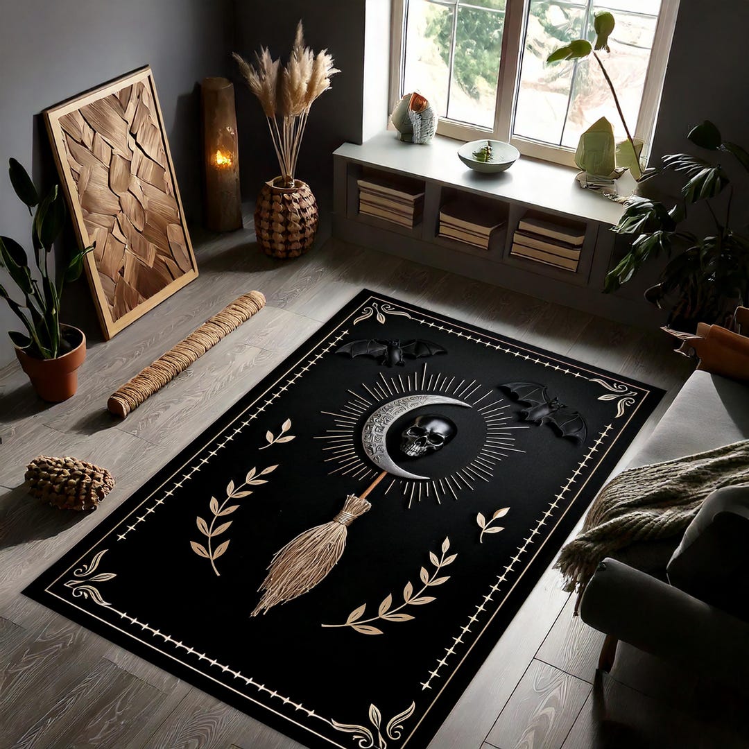 Witchcore Area Rug, Gothic Skull Moon Carpet, Broom and Bats Halloween ...