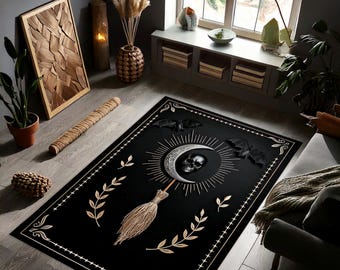Alfombra Witchcore, alfombra gótica con calavera y luna, decoración de Halloween con escobas y murciélagos para una habitación oscura y misteriosa.