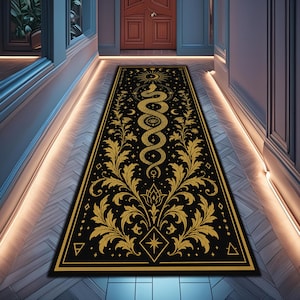 Peut inclure: Tapis rectangulaire noir et doré avec un motif détaillé. Le tapis présente un motif central de serpent doré, entouré de motifs floraux et géométriques ornés. Le tapis est placé dans un couloir avec un sol en bois et une porte au bout.
