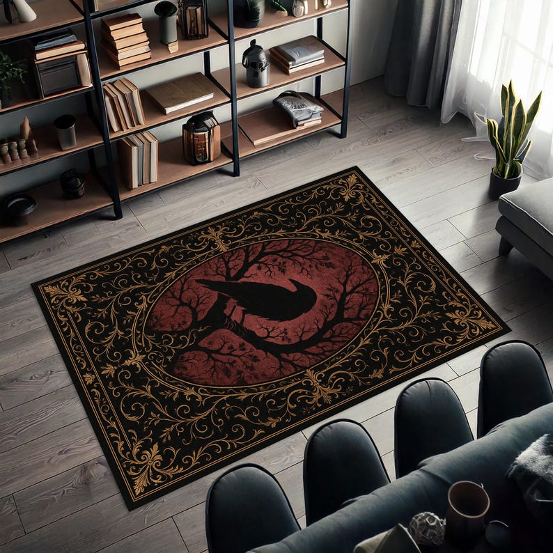 Alfombra gótica de cuervo, alfombra roja y negra de Dark Academia, alfombra gótica victoriana, decoración de witchcore de cuervo y luna, alfombra de estética oculta imagen 8