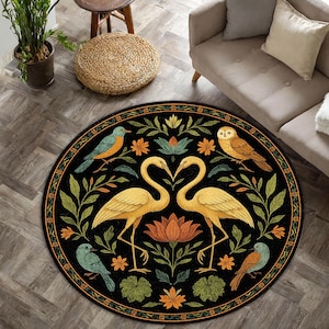 Boho Flamingo and Bird Round Rug – Colorful Floral Folk Art Carpet with Heart Shape Cranes and Botanical Accents for Cozy Homes