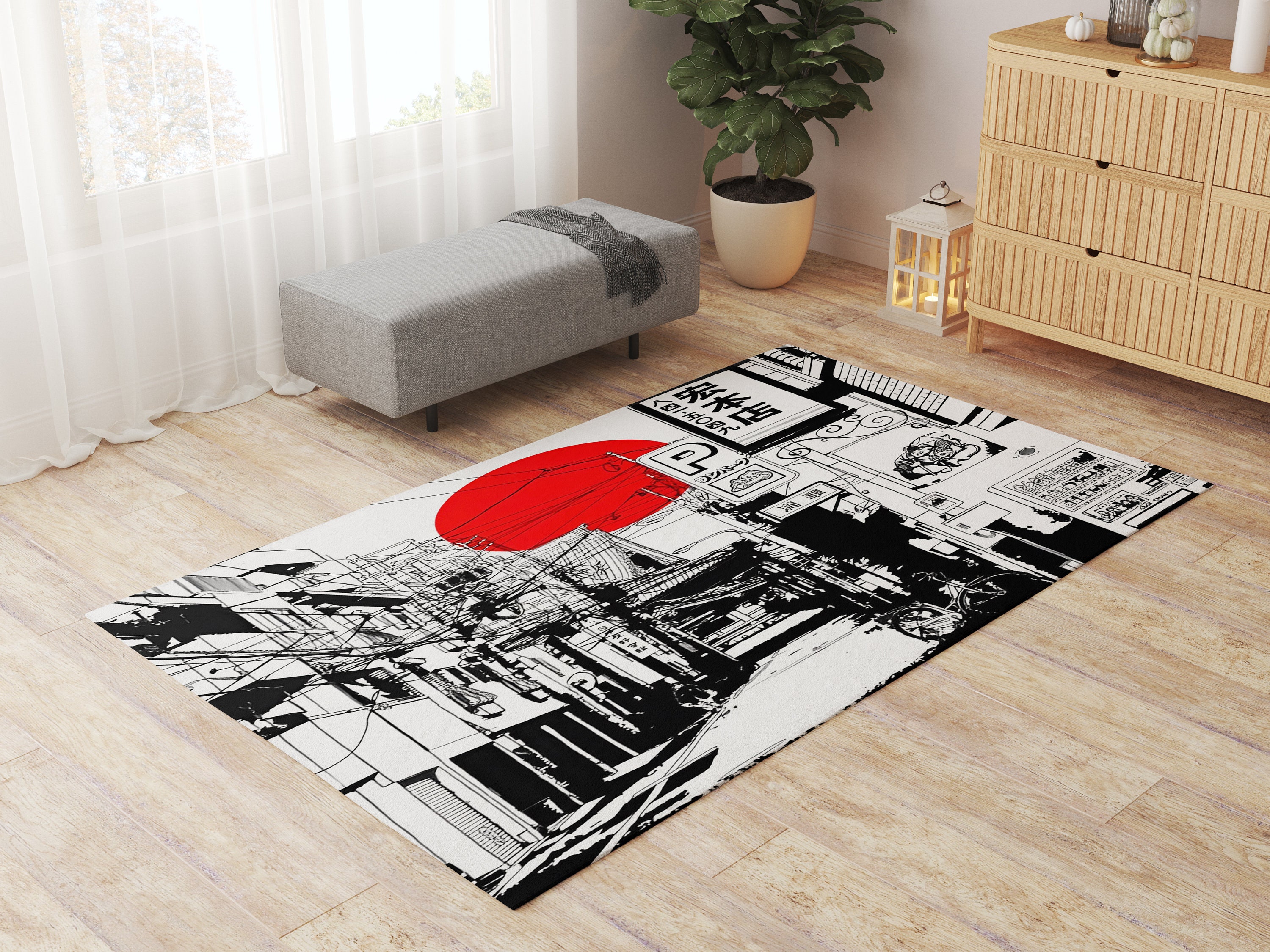 Japanese Quarter Rug, Japanese Rug, Patterned Printing Rug, Washable
