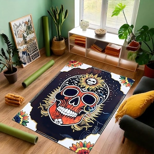 Boho Skull Rug, Gothic Rug For Goth Room Decor, Skull Rug For Horror Room Decor, Cool Rug, Washable Rug, Non Slip Rug, Santa Muerte Inspired