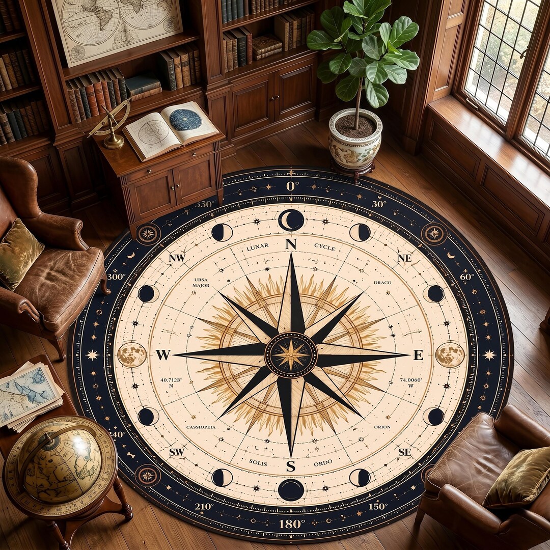 Celestial Compass Round Rug Moon Phase Astrology Navigation Carpet ...