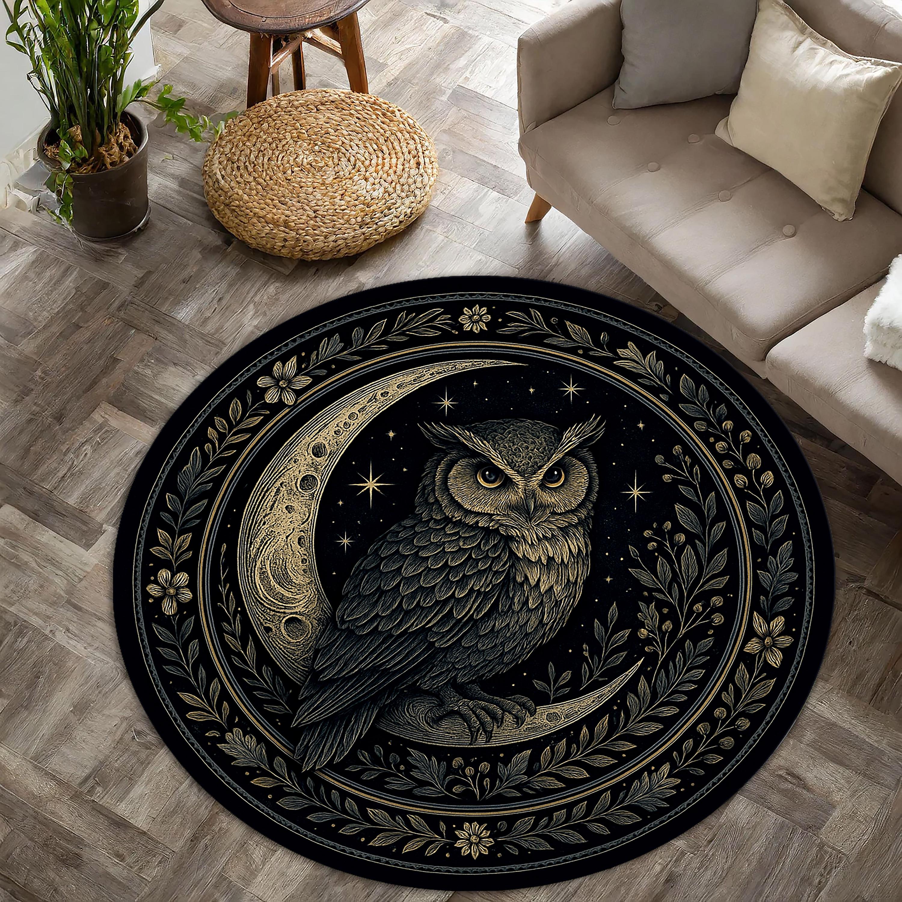 Mystical Owl Round Rug: Gothic Crescent Moon, Celestial Forest Design