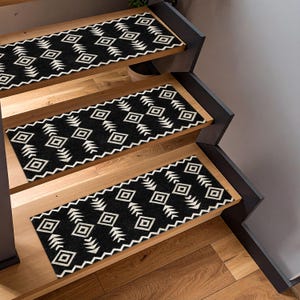 Boho Tribal Stair Treads – Black and Cream Aztec Style Rug Pads for Steps, Washable Non-Slip Carpet, Modern Bohemian Stair Decor