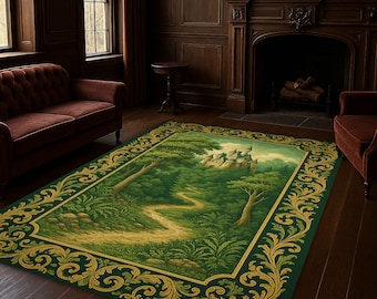 Enchanted Castle Forest Rug – Green Baroque Carpet with Fantasy Landscape, Fairytale Castle Path Rug for Cottagecore and Gothic Home Decor