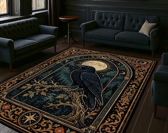 Raven Moon Arch Rug Gothic Crow Carpet Celestial Night Forest Dark Decor