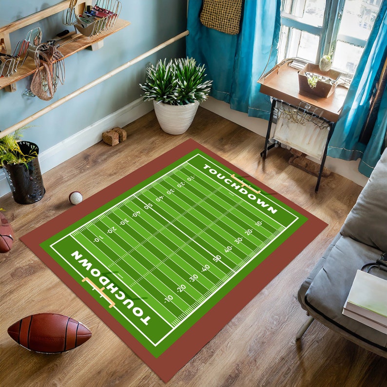 Soccer Field Rug, American Football Rug Custom Team Logo Rug, Washable Football Field Area Rug
