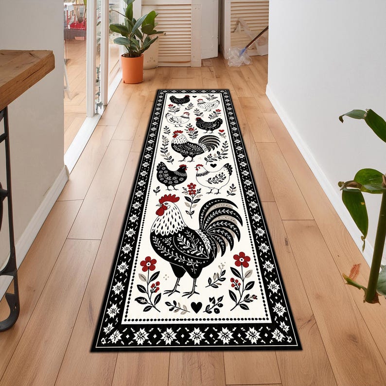 Rustic Folk Chicken Rug Scandinavian Farmhouse Chicken Rug, Folk Art Rooster Carpet, Rustic ...