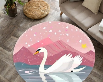 Tapis cygne pour chambre de fille, décoration cygne pour chambre d'enfant, tapis rond pour chambre de fille, carpette ronde lavable pour chambre d'enfant,