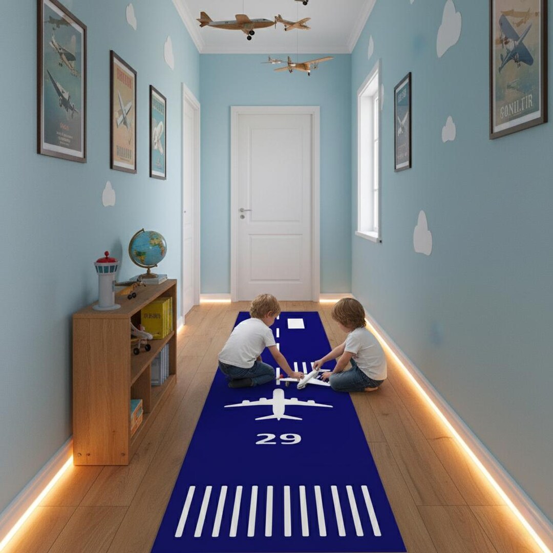Airplan Rug Kids Airplane Runway Rug, Navy Aircraft Runway Play Mat, Long Runner ...