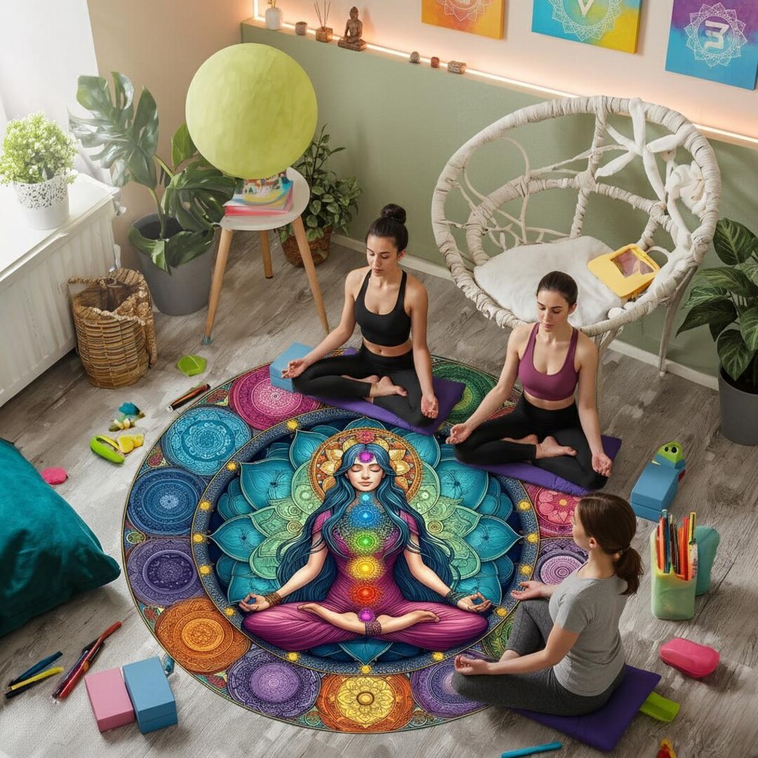 Calm Body Rug Chakra Energy Rug, Mandala Circle Rug, Meditating Woman Rug, Vibrant ...