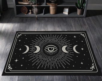 Alfombra mística del Ojo que Todo lo Ve, alfombra gótica de fases lunares, decoración ocultista y mística para habitaciones de estilo academia oscura.