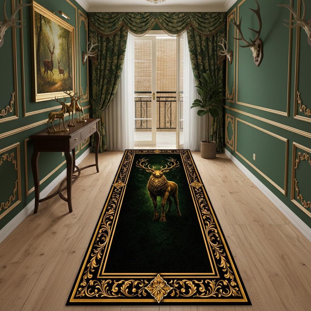 Majestic Stag Deer Runner Rug, Dark Green Gothic Hallway Carpet, Gold ...
