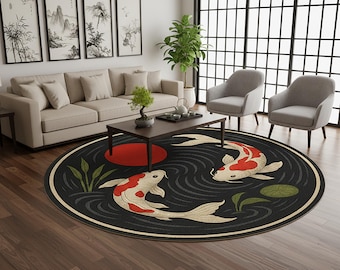 Japanese Koi Fish Round Rug: Zen Living Room Decor