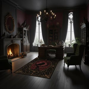 Alfombra gótica de cuervo, alfombra roja y negra de Dark Academia, alfombra gótica victoriana, decoración de witchcore de cuervo y luna, alfombra de estética oculta imagen 3