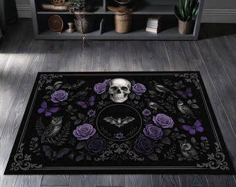 Alfombra gótica con calavera y murciélago, alfombra rosa púrpura oscuro, decoración witchcore para dormitorio de Halloween y habitación ocultista.
