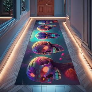 Trippy Skull Runner Rug, Gothic Rug, Dark Academia Decor, Dark Rugs, Runner Rugs, Witchy Goth Decor Bedroom, Skull Rug, Spooky Skull Rug
