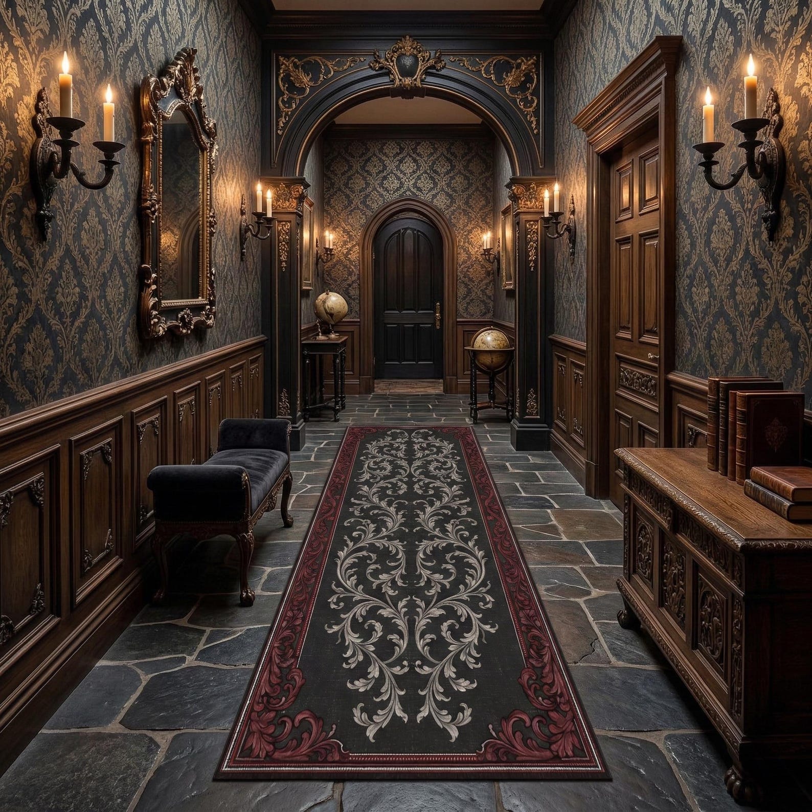 Gothic Baroque Hallway Runner Rug With Vintage Ornamental Scroll ...