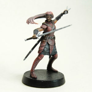 May include: A painted miniature figurine of a female warrior wearing red armor and holding two swords. Her hair is long and red, and she is standing on a black base.