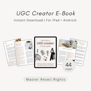 Peut inclure: Un guide numérique e-book intitulé Becoming a UGC Creator de 44 pages, affiché sur un écran de tablette entouré de quatre mises en page ouvertes présentant du texte, des images d'un ordinateur portable, d'une personne et divers objets.
