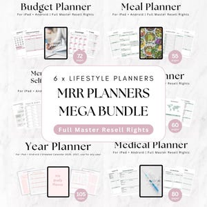 Könnte beinhalten: Ein Bundle von sechs Lifestyle-Planern, darunter ein Budgetplaner, ein Essensplaner und ein Jahresplaner. Das Bild zeigt digitale Planerseiten mit dem Text "MRR PLANNERS MEGA BUNDLE" und "Full Master Resell Rights". Jeder Planer hat eine unterschiedliche Seitenzahl.