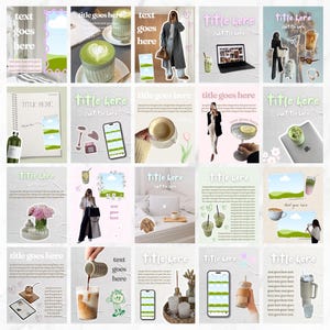 Op de afbeelding: Een verzameling van twintig social media sjablonen met diverse lifestyle-afbeeldingen, waaronder matcha lattes, koffie, laptops, mode en bloemstukken. Elk sjabloon bevat tijdelijke tekstgebieden met de labels title here, subtitle here en text goes here.