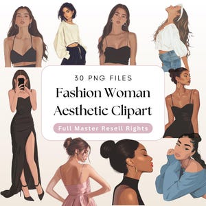 Puede incluir: Colección de ilustraciones digitales de mujeres en varias poses de moda. La imagen incluye el texto "30 PNG FILES Fashion Woman Aesthetic Clipart" y "Full Master Resell Rights". Las ilustraciones muestran diversos estilos y atuendos.