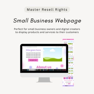 Puede incluir: Una pantalla digital que muestra una plantilla de página web para pequeñas empresas con el texto Master Resell Rights, Small Business Webpage y texto descriptivo. La pantalla presenta un diseño con un título y un botón rosa.